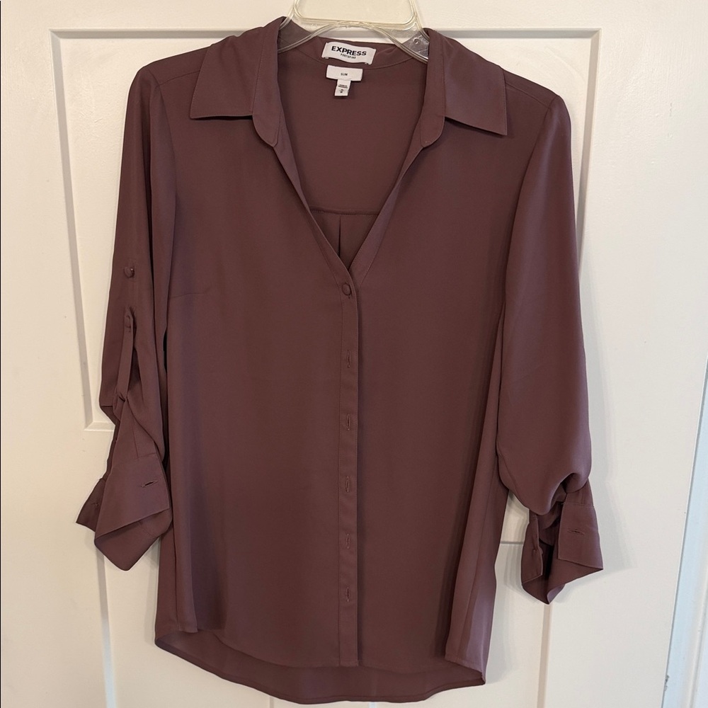 Express Button-Front Shear Blouse in Deep Plum